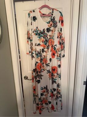 White Maxi Dress with Coral Floral Print - Women